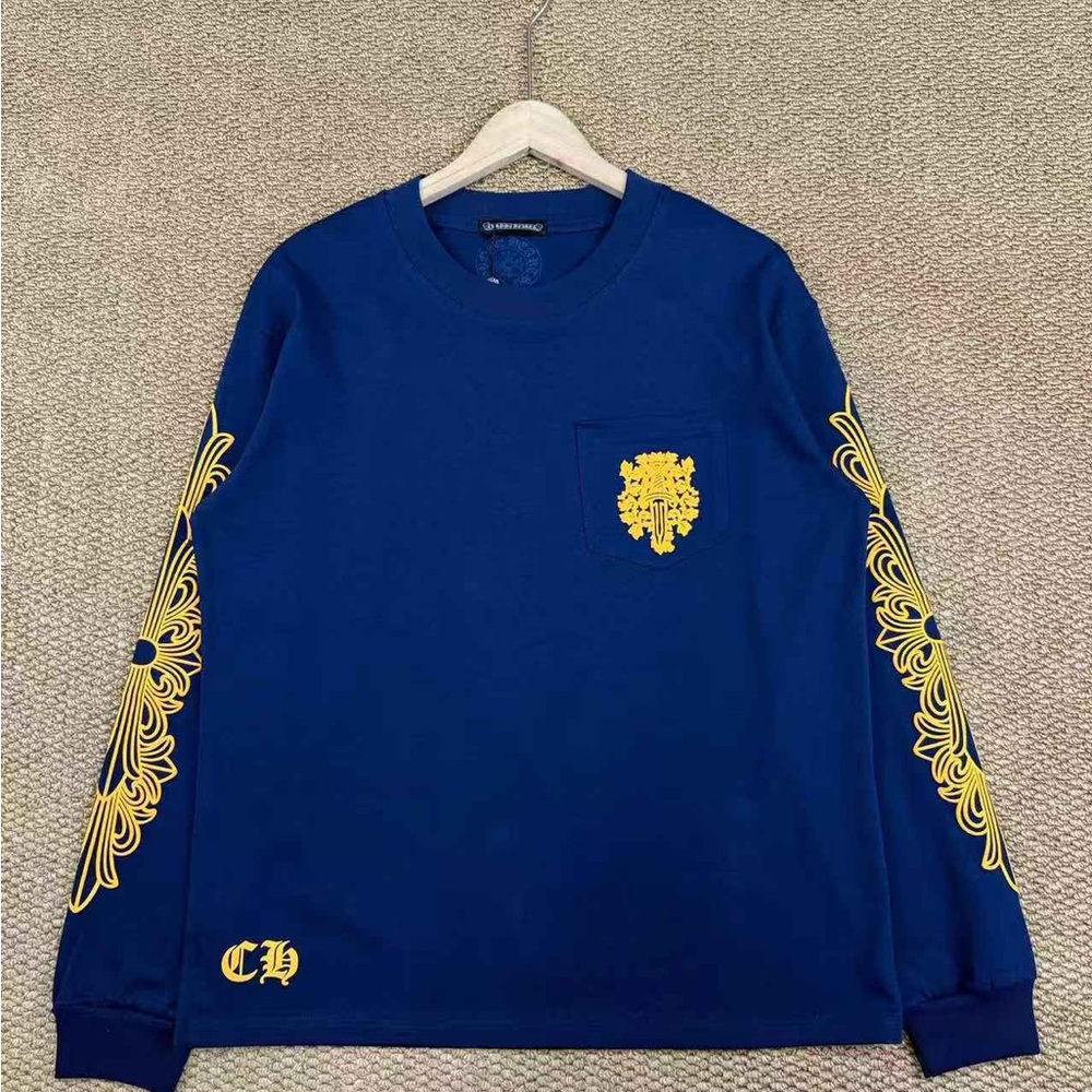 Chrome Hearts Navy Blue Dagger Floral Print Pocket Long Sleeve Tee